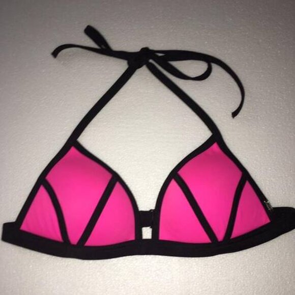 VICTORIAS SECRET PINK Hot Pink and Black Padded Triangle Bikini Top Large - Picture 8 of 12